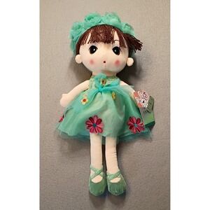 Anime Girl Doll Plush 18" Stuffed Green Dress Brown Hair Yarn‎ Stitched Eyes NEW